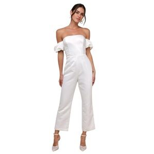 Lulu’s Chic Vow White Satin Off the Shoulder Bow Jumpsuit